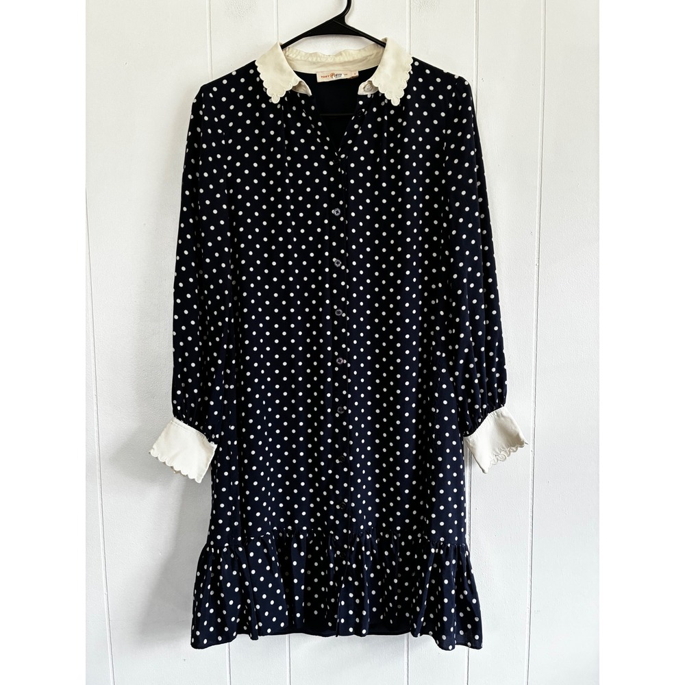 Tory Burch Navy Blue Polka Dot Silk Scalloped Collar Ruffle Shirt Dress Size 2